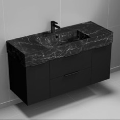 Floating Black Bathroom Vanity, Modern, 48 inch, Black Marble Style Sink